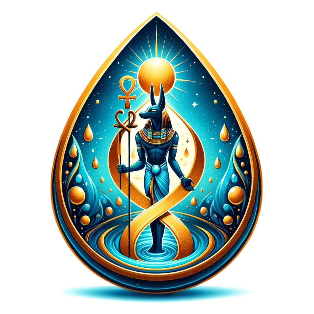 Anubis is standing inside an infinity symbol, holding an ankh anchored on a staff planted into the ground.