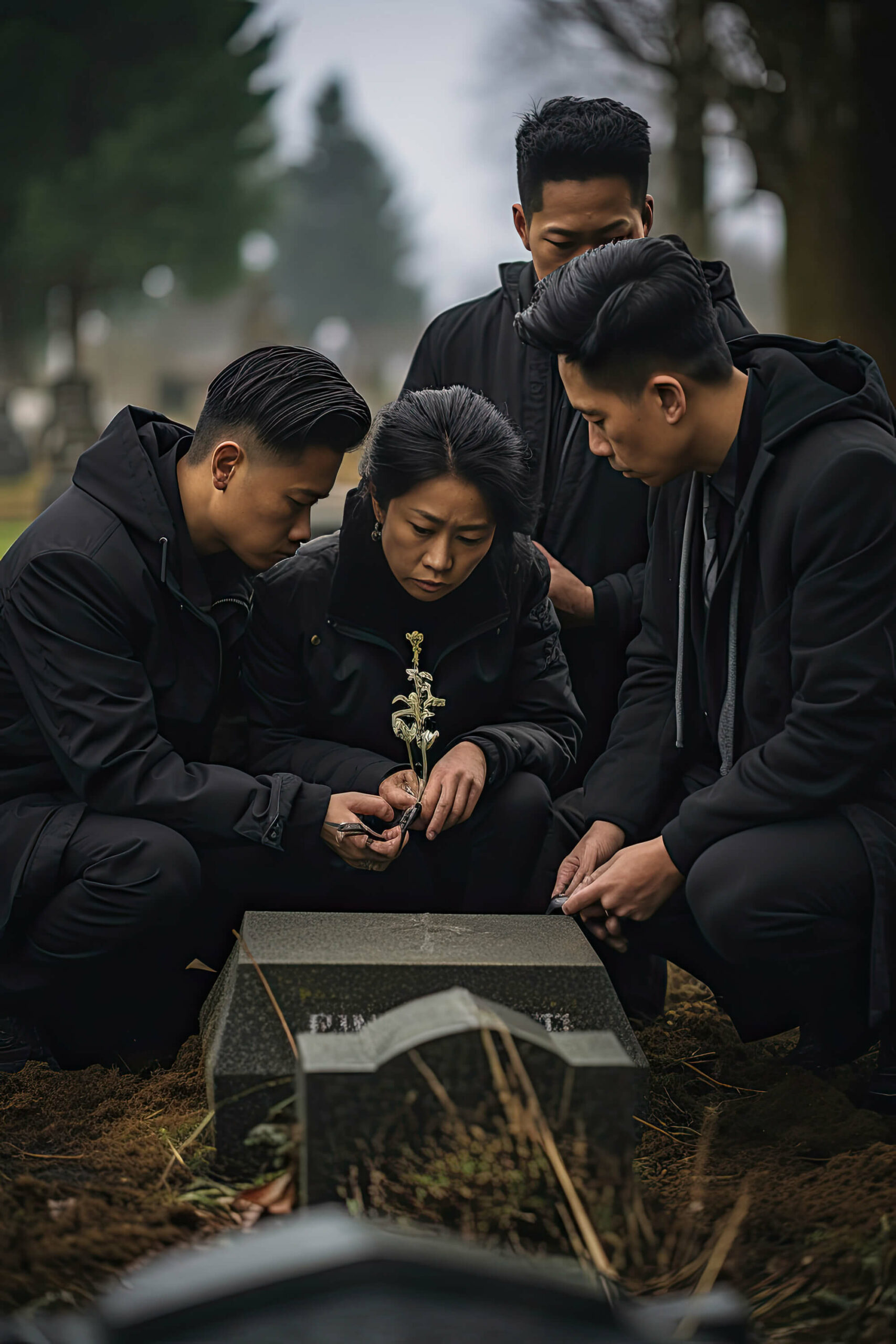 Asian American family kneeling together around a funeral plot while holding each other and placing a lily on the ground.