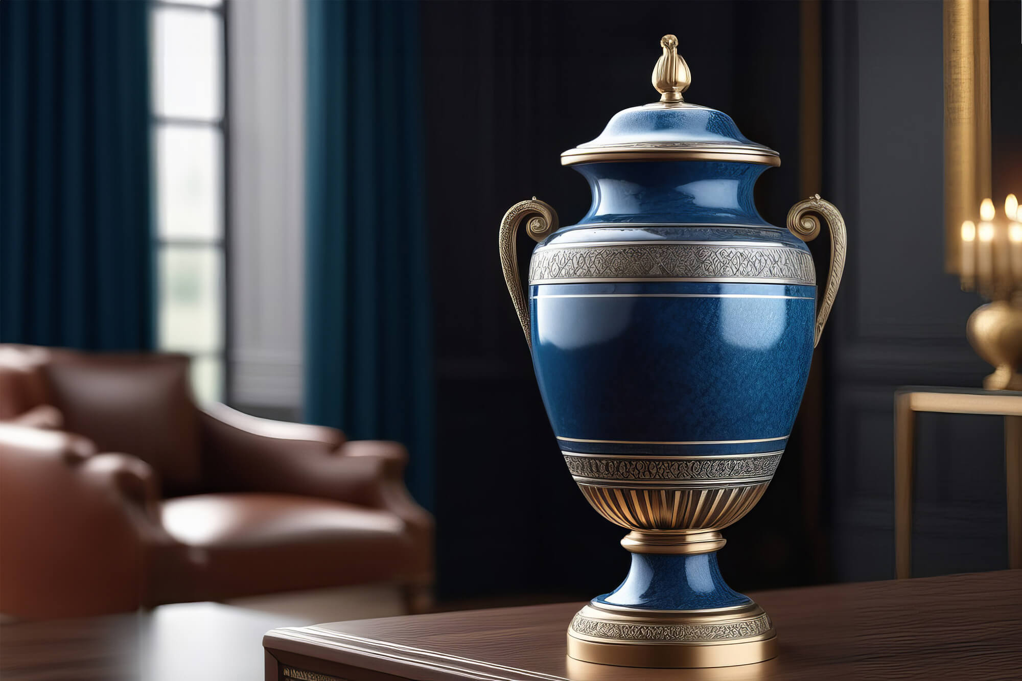 Blue urn with bronze detailing sitting on a deep, mahogany end table.