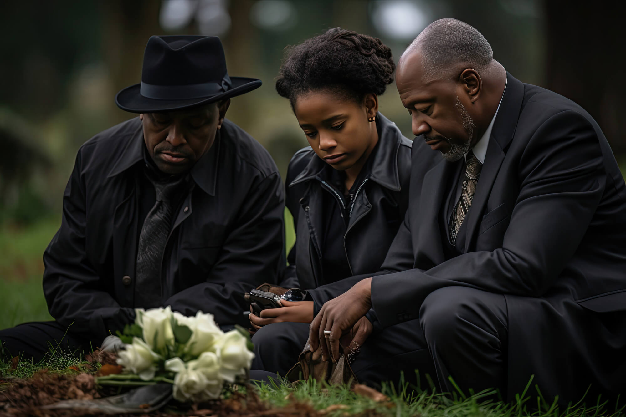 Family of three kneeling together at a grave side with looks of grief on their faces.