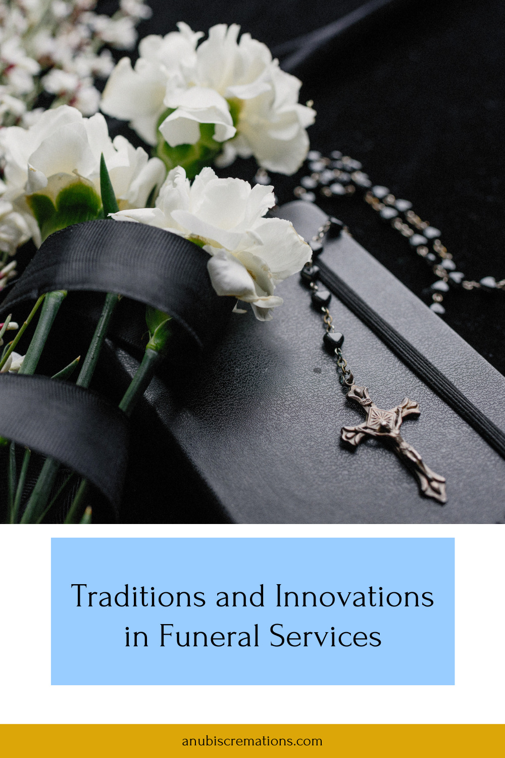 A pinnable graphic for a blog titled "Traditions and Innovations in Funeral Services" by Anubis Cremations.