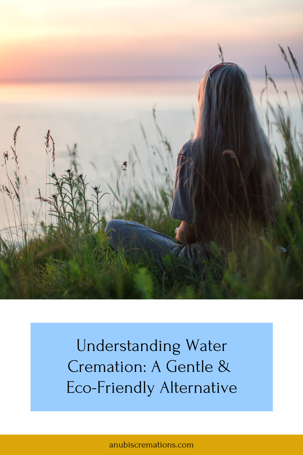 A pinnable graphic for a blog titled "Understanding Water Cremation: A Gentle & Eco-Friendly Alternative" by Anubis Cremations.