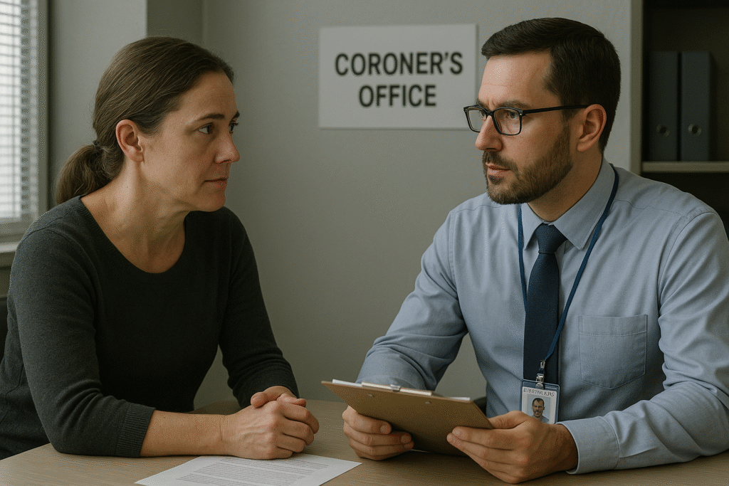 coroner's office representative speaking to a family member