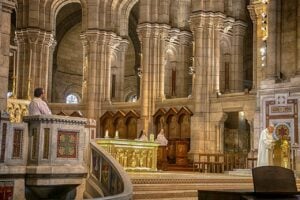 bishop performs mass in the cathedral