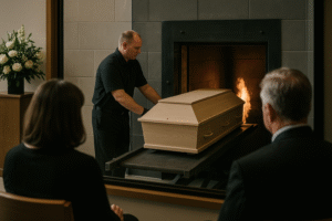 person introducing a casket in retort for cremation