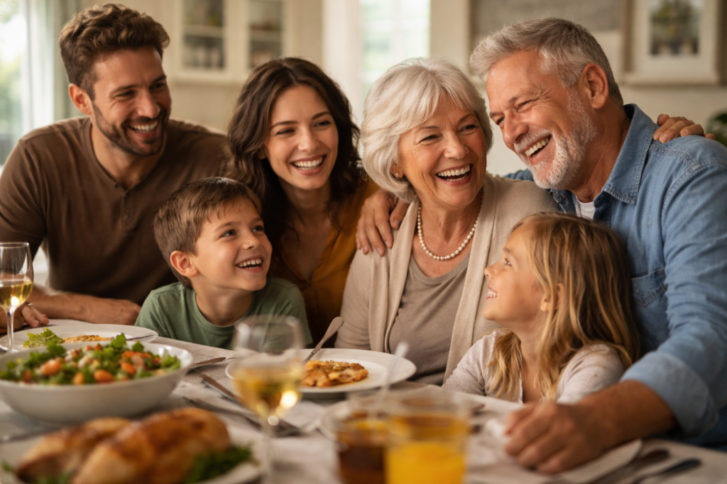 A family gathered around the table to share a meal