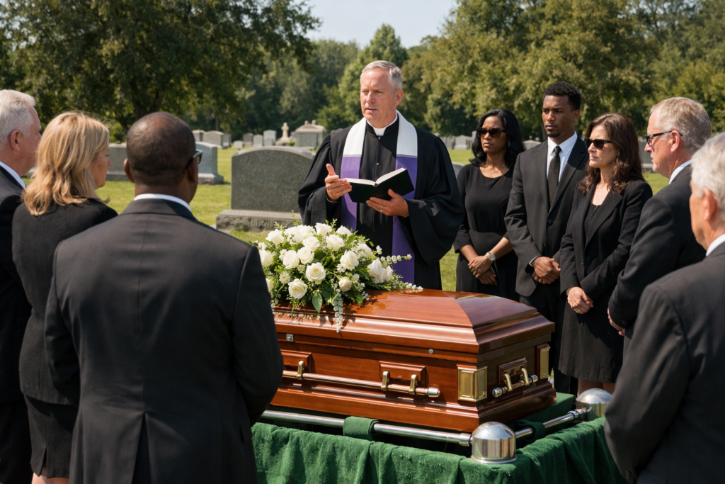 graveside burial led by a priest