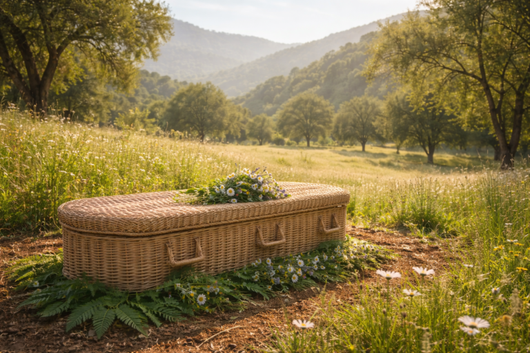 serene wicker casket in meadow