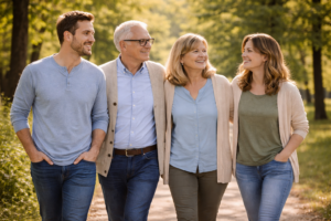 A family strolls through a park