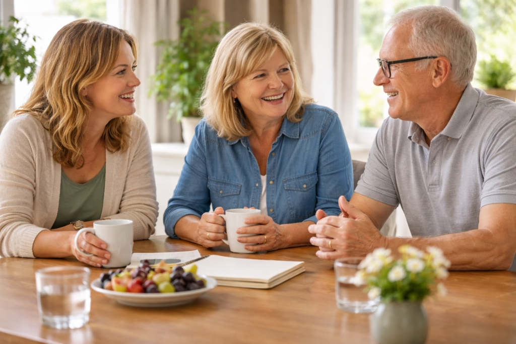 Family conversation in sunlit dining room