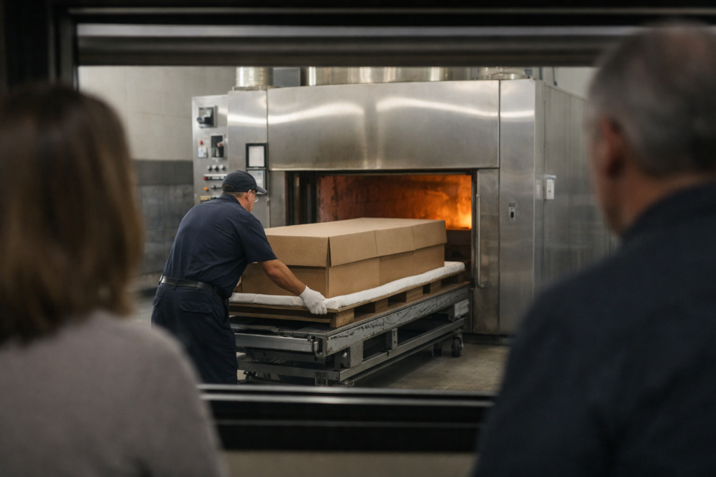 two people watching through the window cardboard casket being introduced in cremation retort