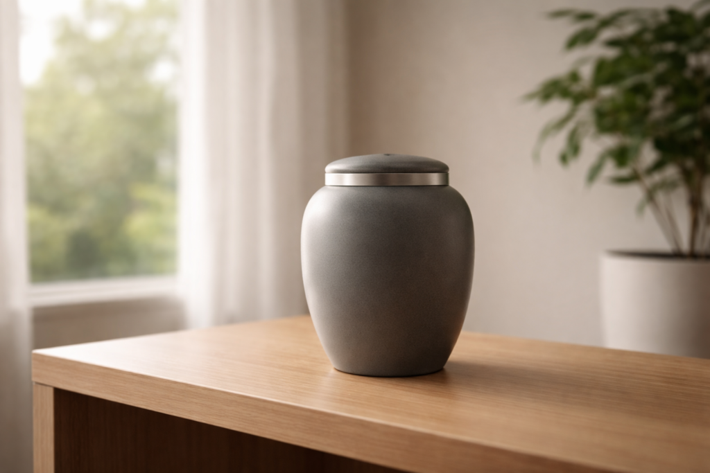 Serene gray urn on wooden shelf