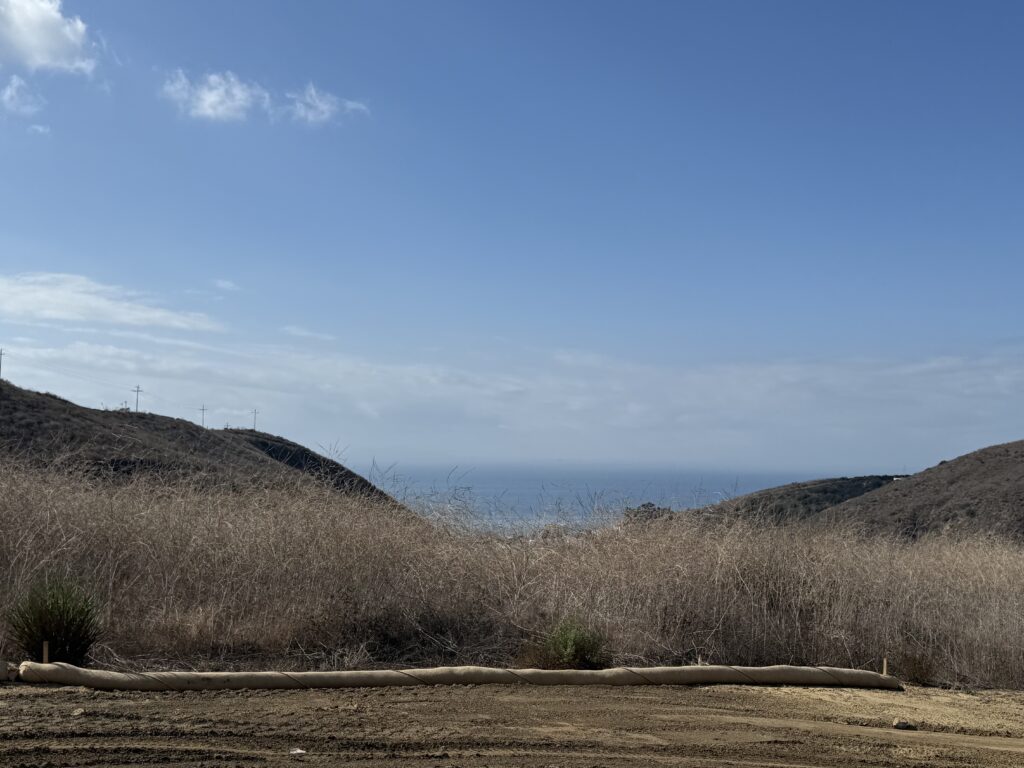 Dry coastal hills with ocean visible in the distance.