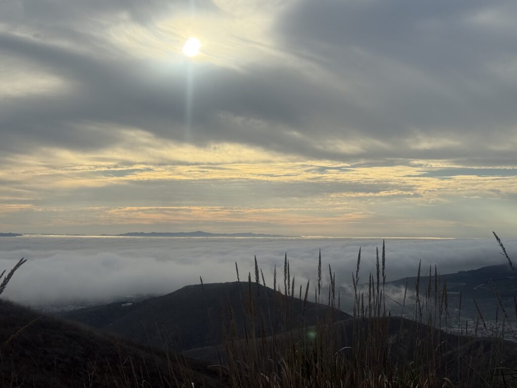Sunlight breaking through cloudy sky.