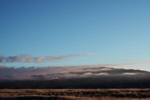 Rolling hills covered in soft morning fog beneath a clear blue sky