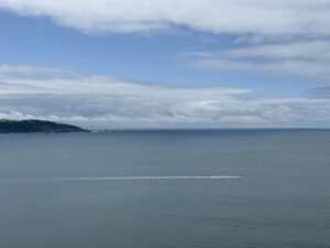 A calm ocean beneath a cloudy sky, with a distant coastline on the horizon