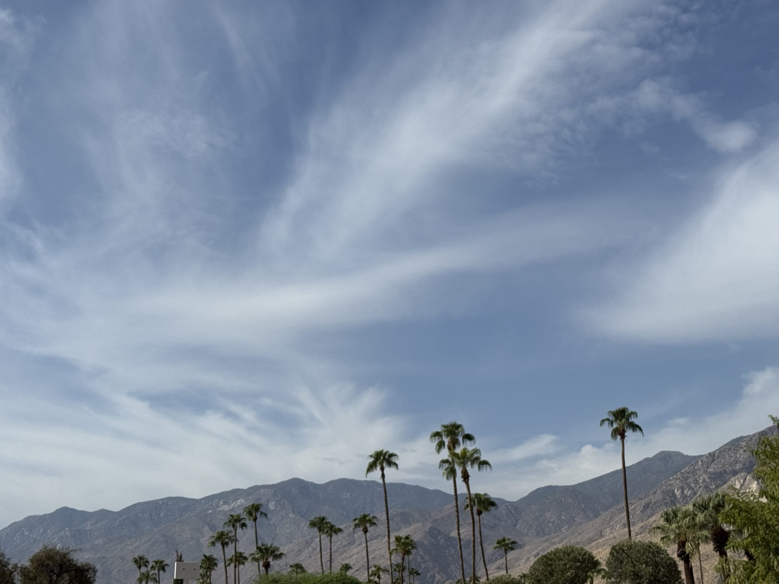 Palm trees rise against a mountain backdrop beneath a wide blue sky with soft, wispy clouds.