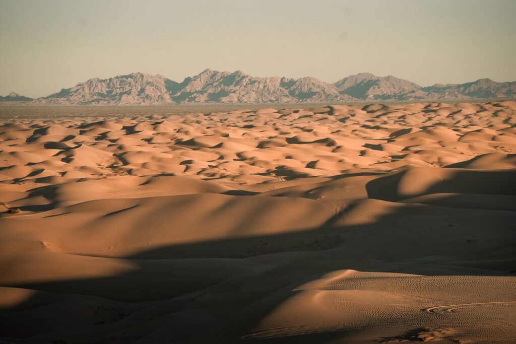 Golden sand dunes stretch toward distant mountains under a soft, hazy sky.